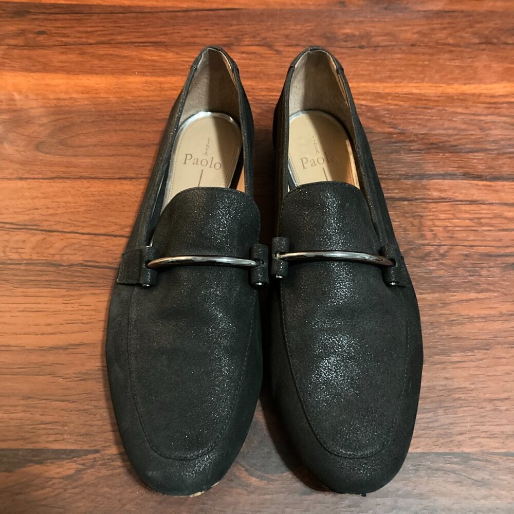 Linea Paolo Womens 9 1/2M Black Flat Loafer Buckle Classic Preppy Casual